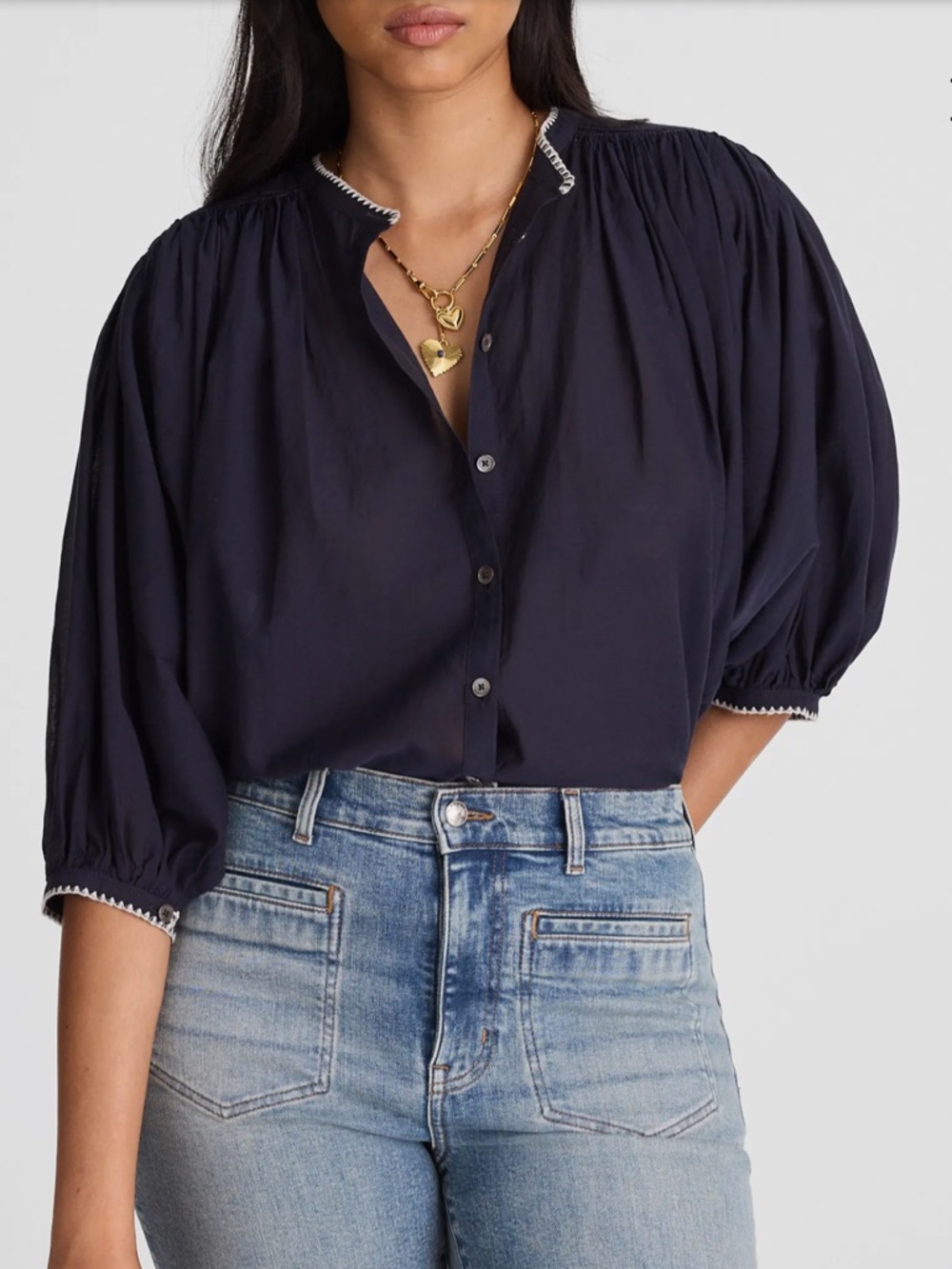 Madewell Navy Puff-Sleeve Button-Down Shirt